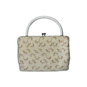 Vintage Corde-Bead Beaded Evening Bag Purse Kiss Clasp Ivory Gold Size 8.5" x 6"